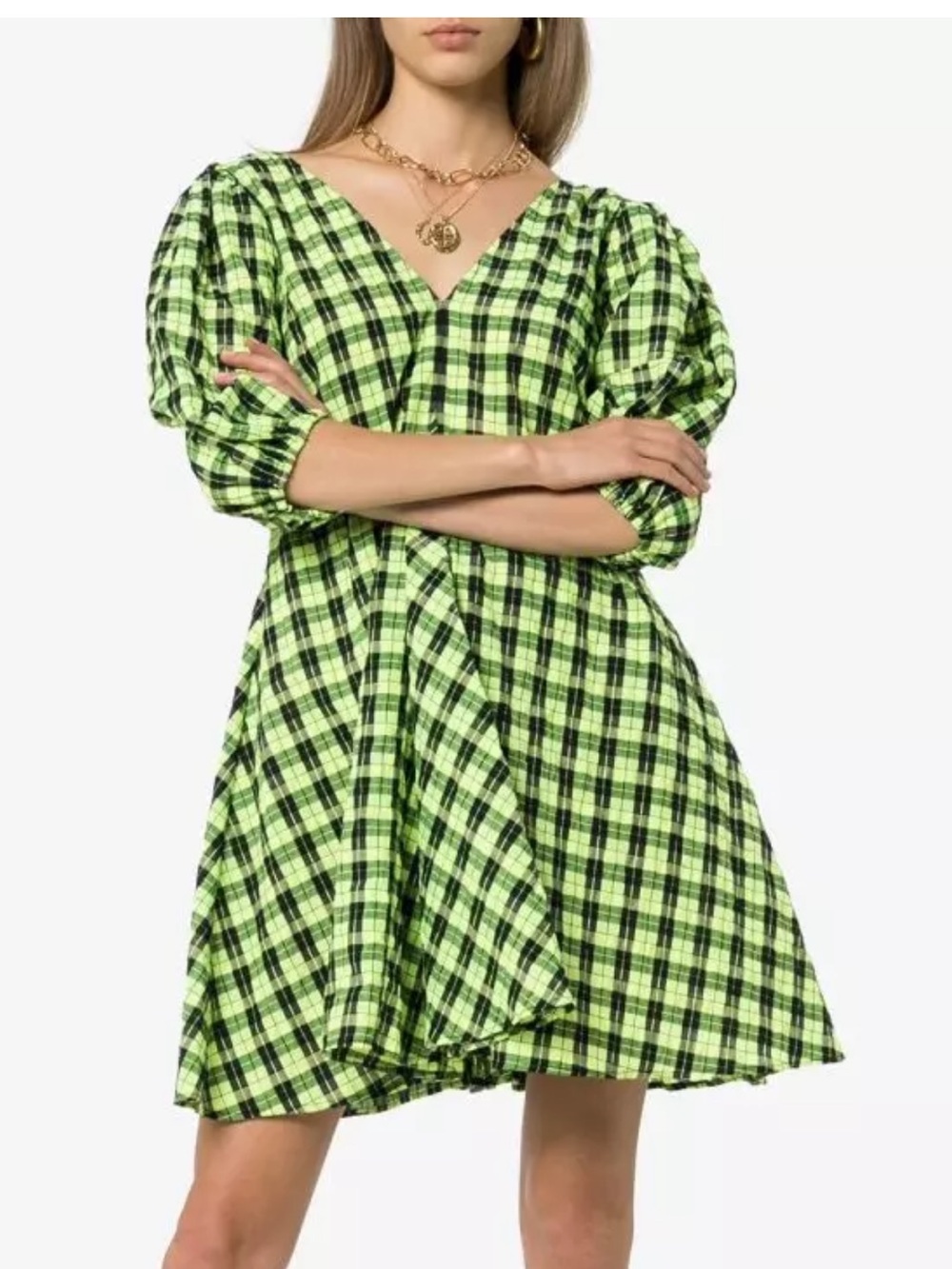 Ganni Neon Green Check Puff-Sleeve Mini Dress - Picture 5 of 10